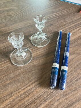 Pair of Clear 24% Lead Crystal  Candlesticks with Navy Taper Candles